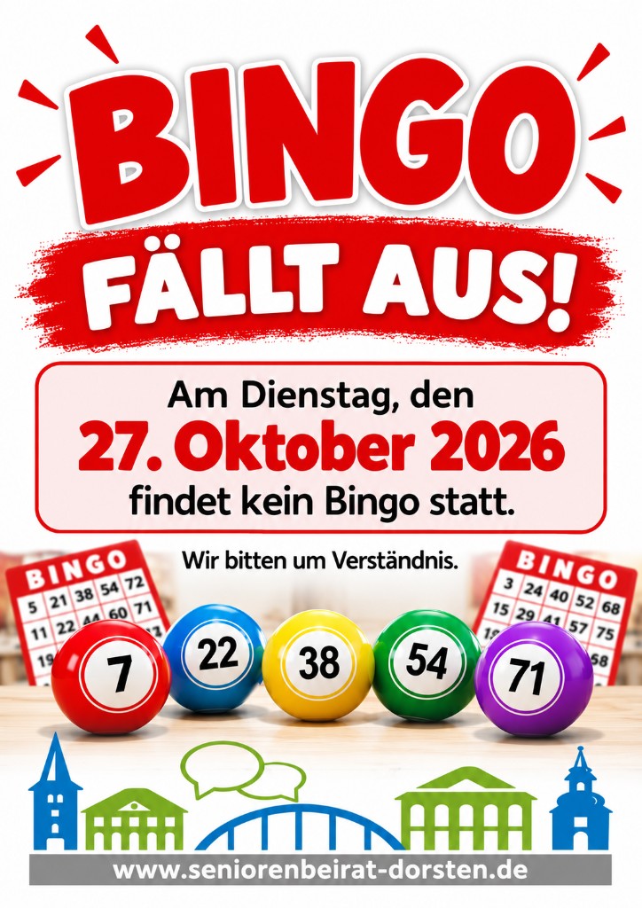 Hinweiszettel: Bingo fällt aus am Dienstag, den 27. Oktober 2026.
