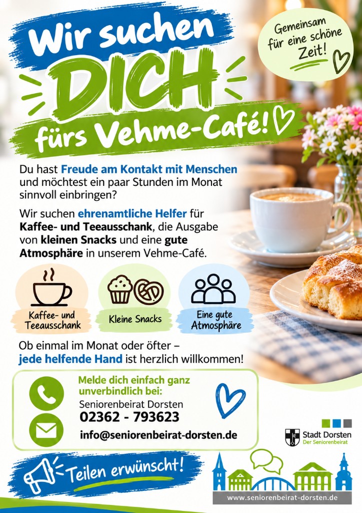 Plakat: Wir suchen Dich fürs Vehme-Café – ehrenamtliche Helfer gesucht